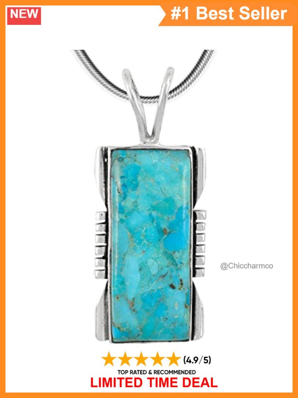 Sterling Silver Turquoise Pendant Necklace 20" Snake Chain